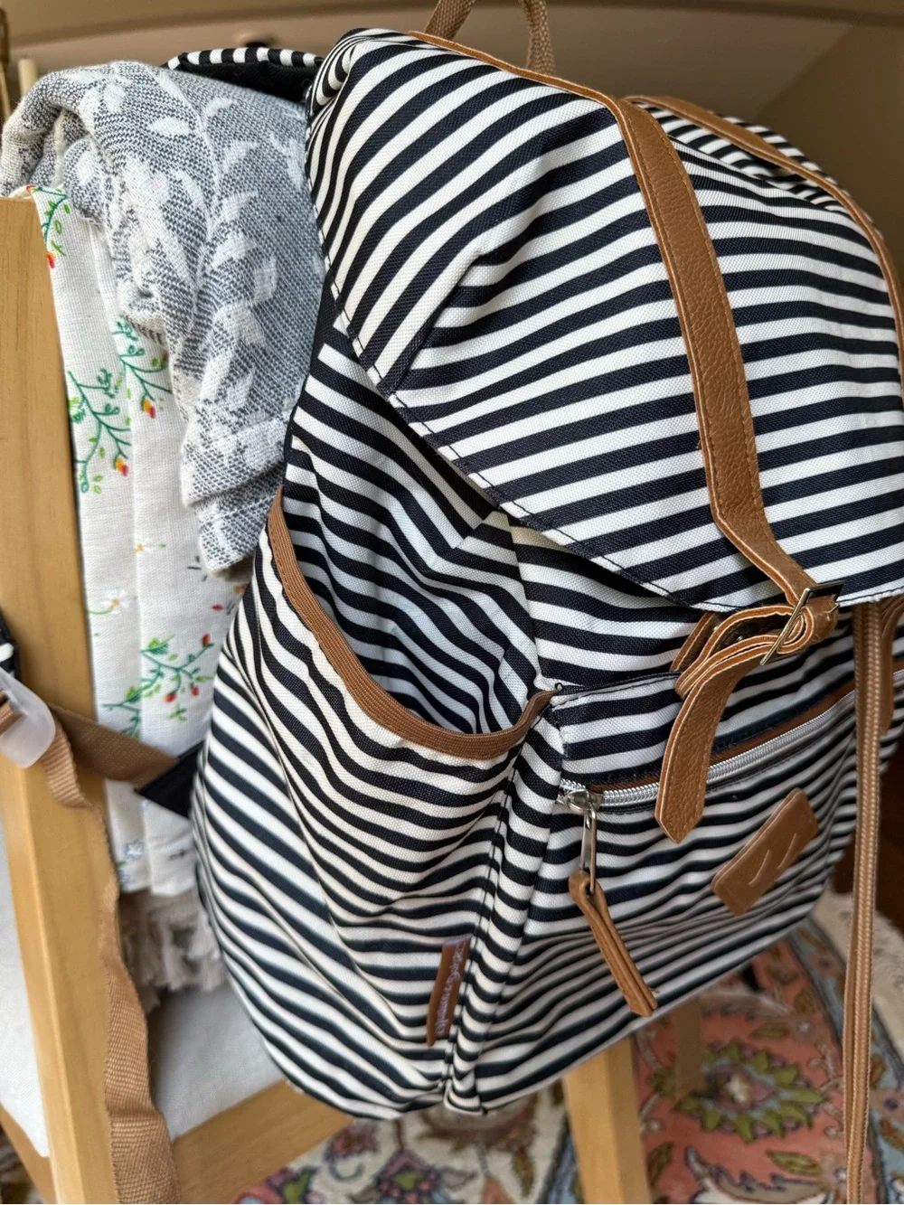 Black & White Striped Canvas Drawstring Flap Backpack Faux Leather Trim